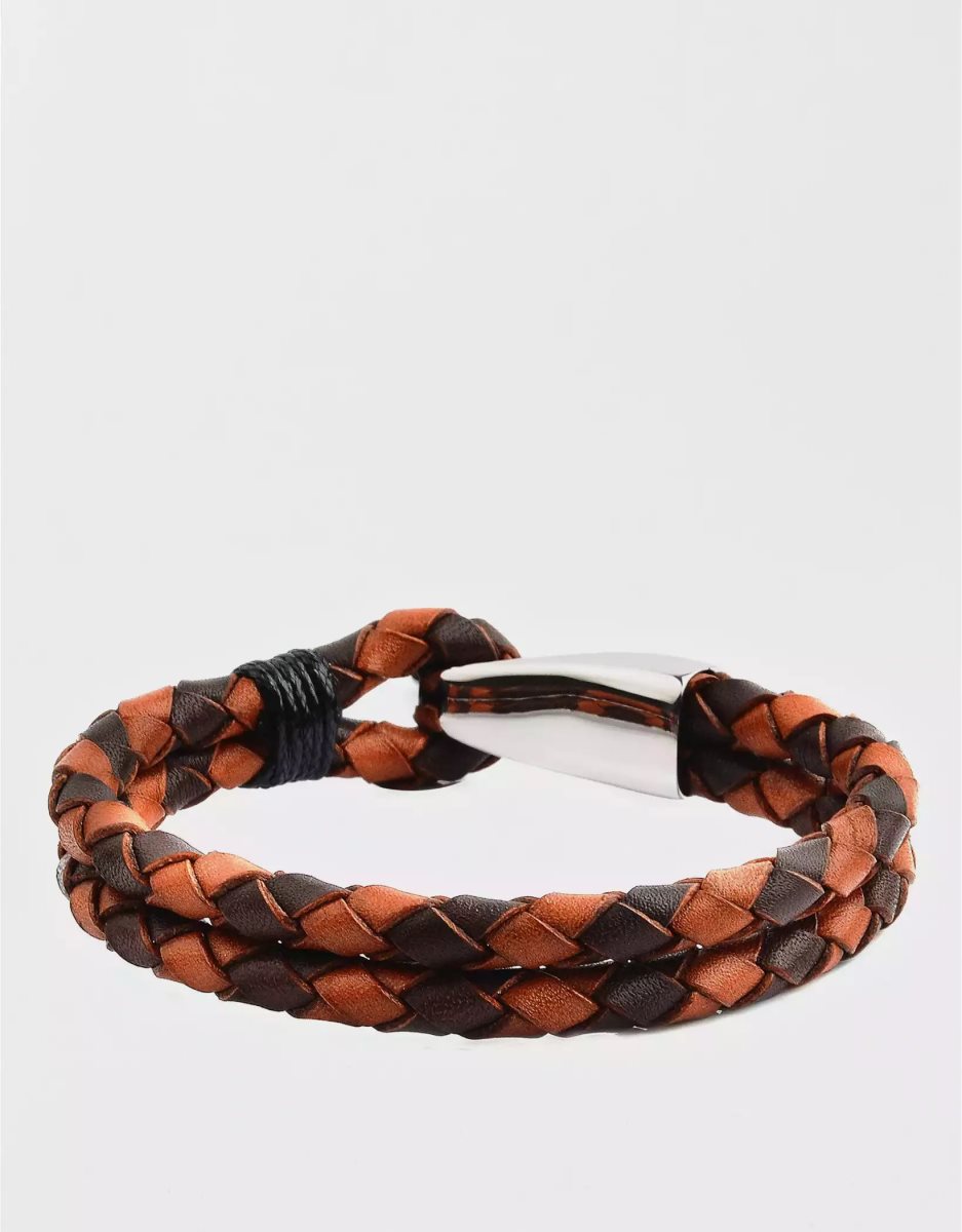 Bijoux American Eagle Stainless Steel Braided Cuir Bracelet Marron Homme | LSE-01648006